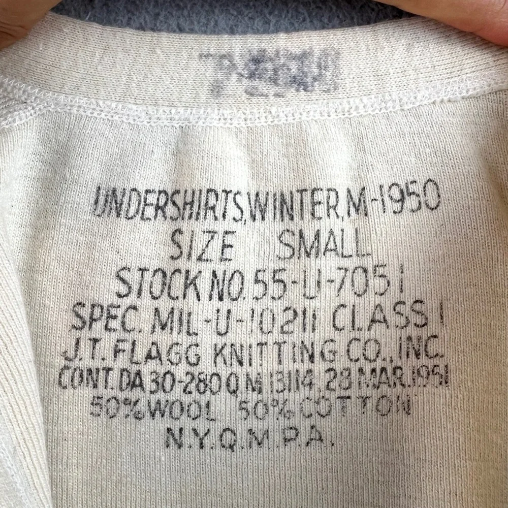 Vintage 1951 US Army M-1950 Winter Undershirt Henley Wool Cotton Cream Small